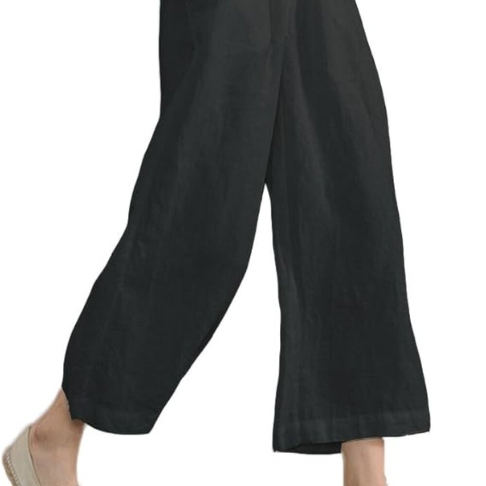 Womens Loose Cotton Capris Wide Leg Pants with Pockets (M ~BLACK) - Picture 2 of 10